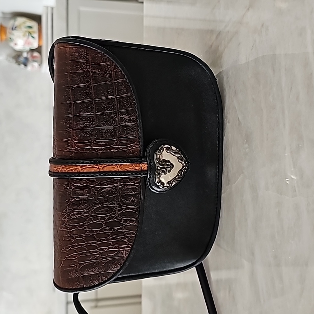 Brighton Crossbody Shoulder Bag Leather Black Brown Heart Shape Snape Closure